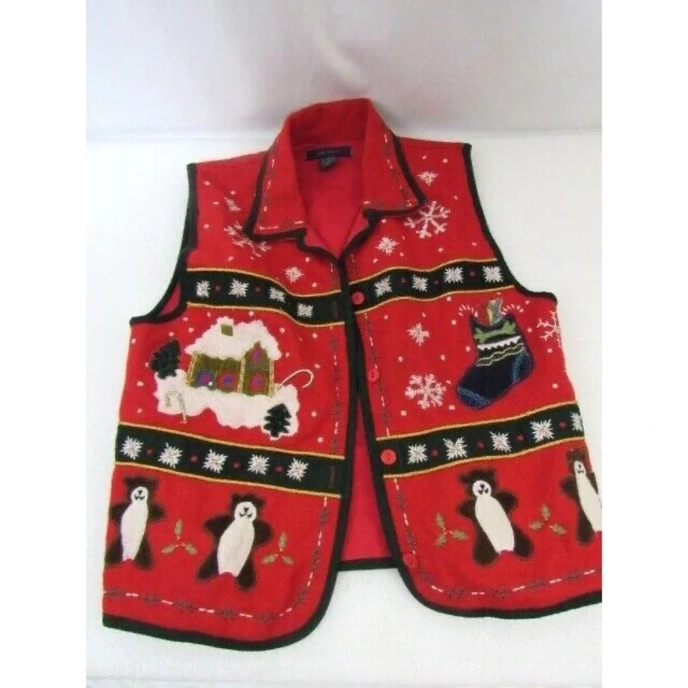 Life Style Holiday Christmas Vest Size M‎ Red Bears Snowflakes Wool Cotton